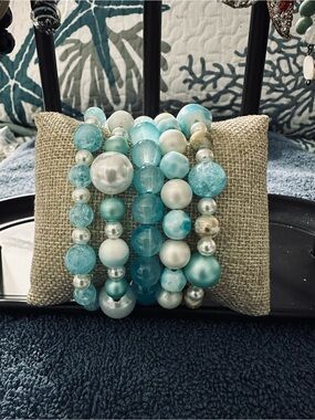 Costal-Inspired Glass Turquoise Beaded Stacked Bracelets